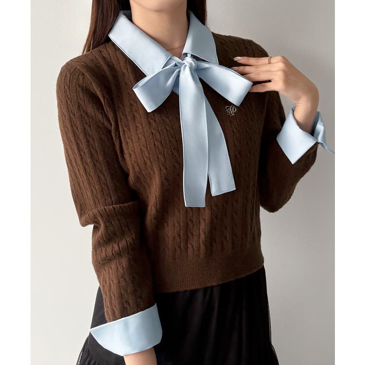 ブラウン | mipiarl  【リボン取り外し可能】シャツドッキングケーブルショートニット | JUNOAH