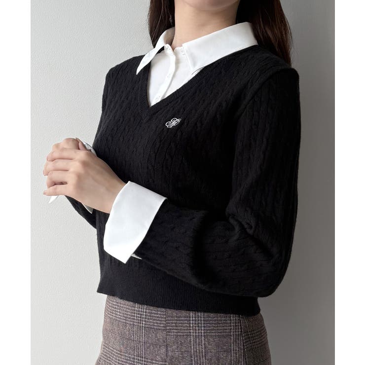 mipiarl  【リボン取り外し可能】シャツドッキングケーブルショートニット | JUNOAH | 詳細画像4 