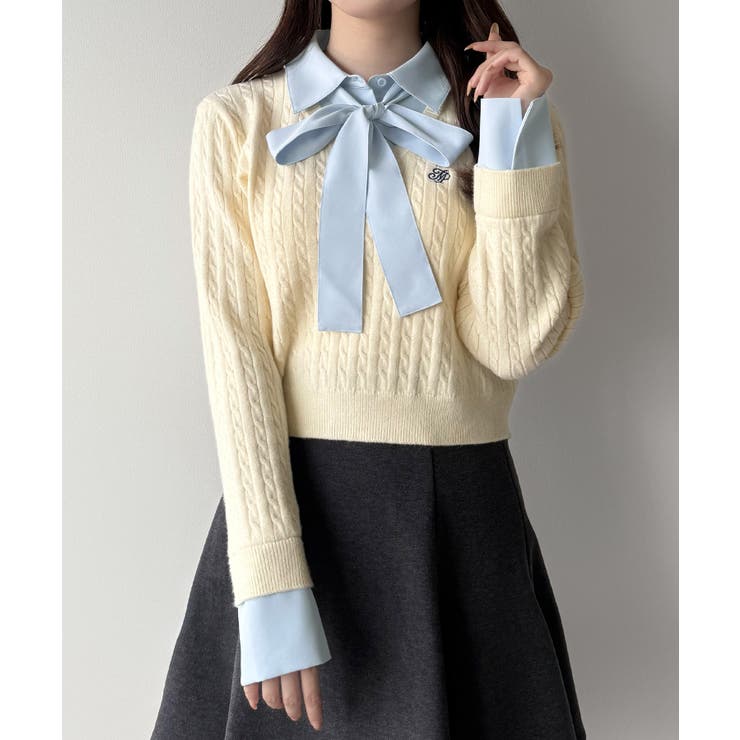 mipiarl  【リボン取り外し可能】シャツドッキングケーブルショートニット | JUNOAH | 詳細画像5 