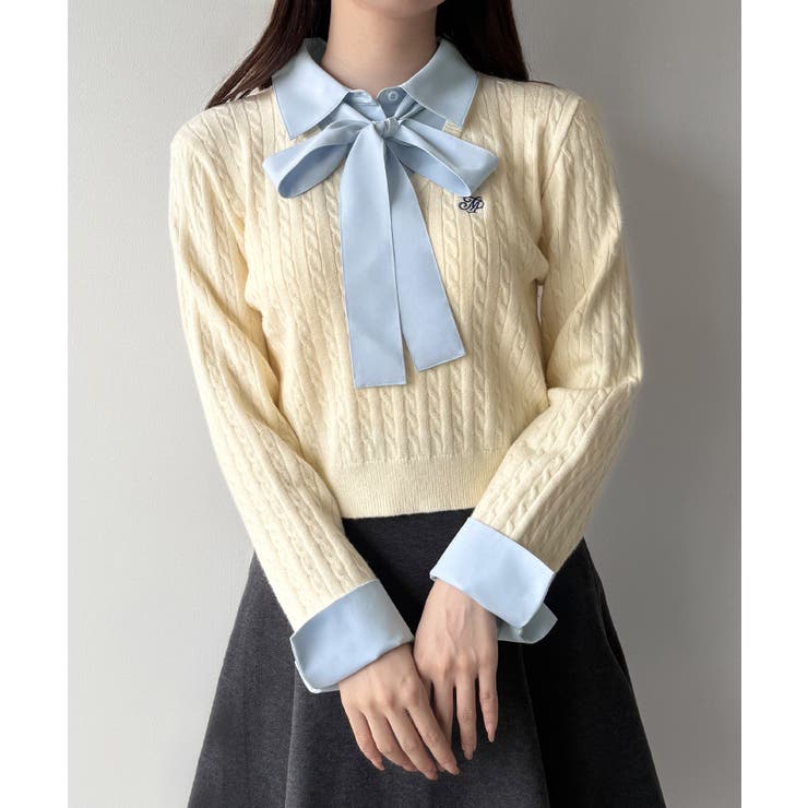 mipiarl  【リボン取り外し可能】シャツドッキングケーブルショートニット | JUNOAH | 詳細画像6 