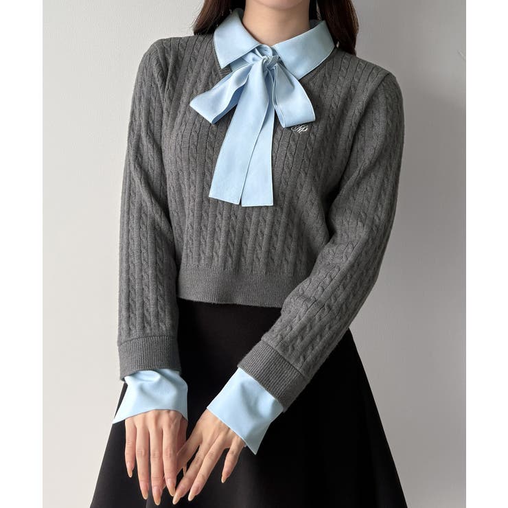 mipiarl  【リボン取り外し可能】シャツドッキングケーブルショートニット | JUNOAH | 詳細画像9 