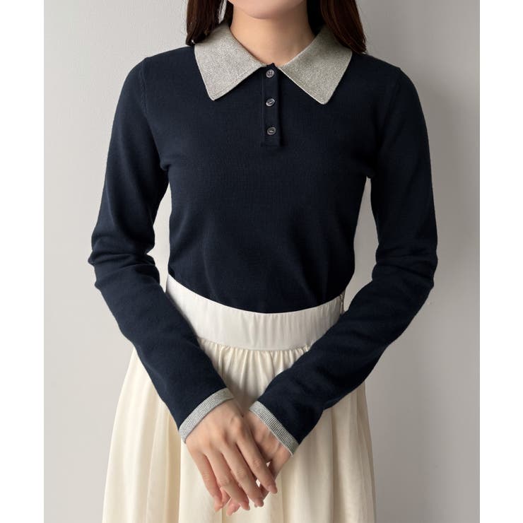 mipiarl  ラメ襟配色ポロニット | JUNOAH | 詳細画像13 