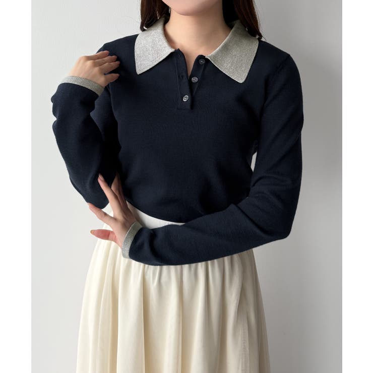 mipiarl  ラメ襟配色ポロニット | JUNOAH | 詳細画像14 