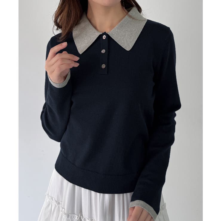 mipiarl  ラメ襟配色ポロニット | JUNOAH | 詳細画像15 