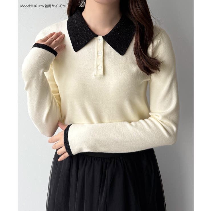 mipiarl  ラメ襟配色ポロニット | JUNOAH | 詳細画像2 