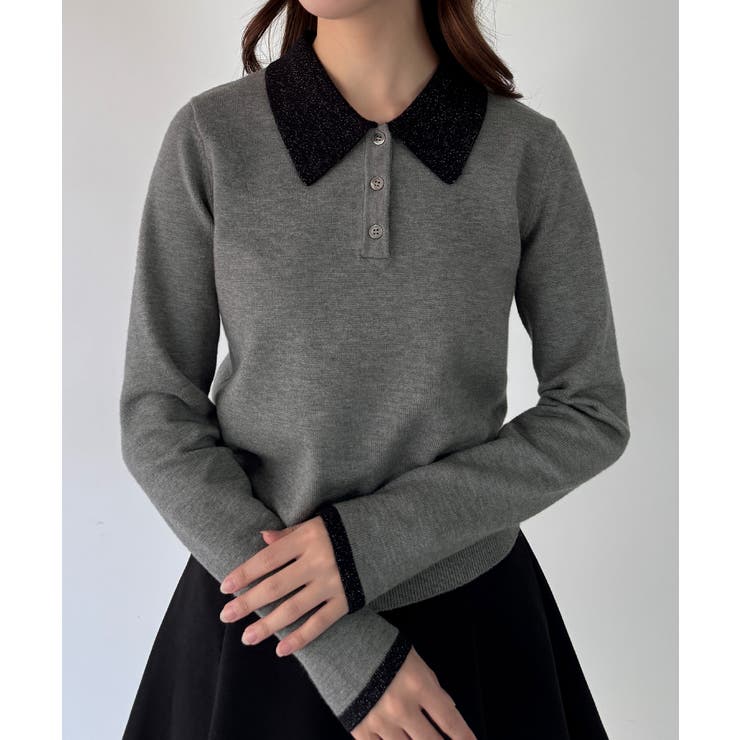 チャコール | mipiarl  ラメ襟配色ポロニット | JUNOAH