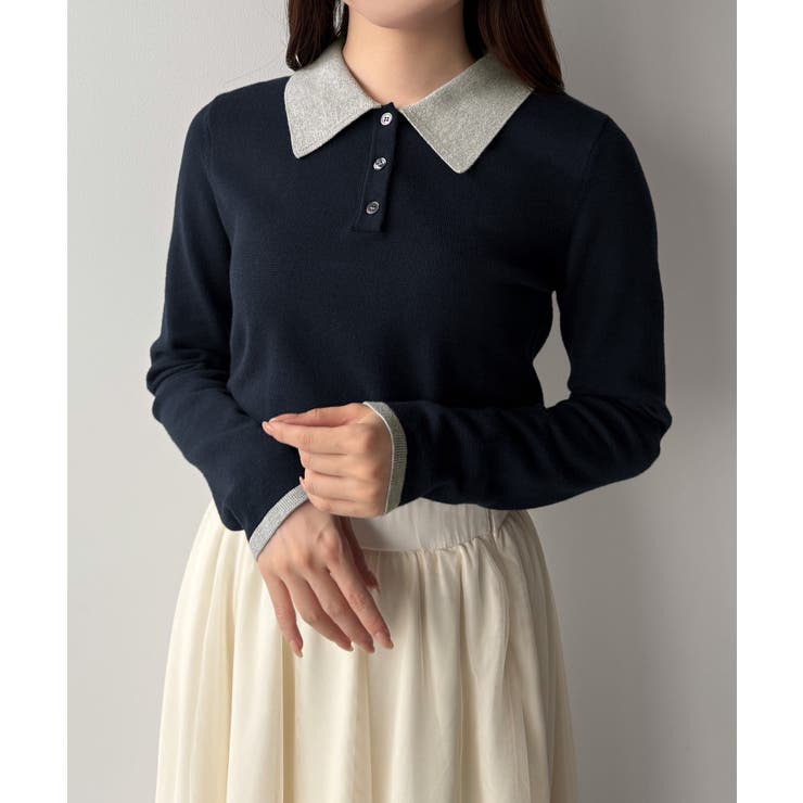 ネイビー | mipiarl  ラメ襟配色ポロニット | JUNOAH