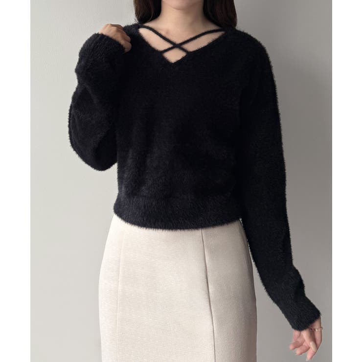 ブラック | mipiarl  クロスシャギーコンパクトニット | JUNOAH