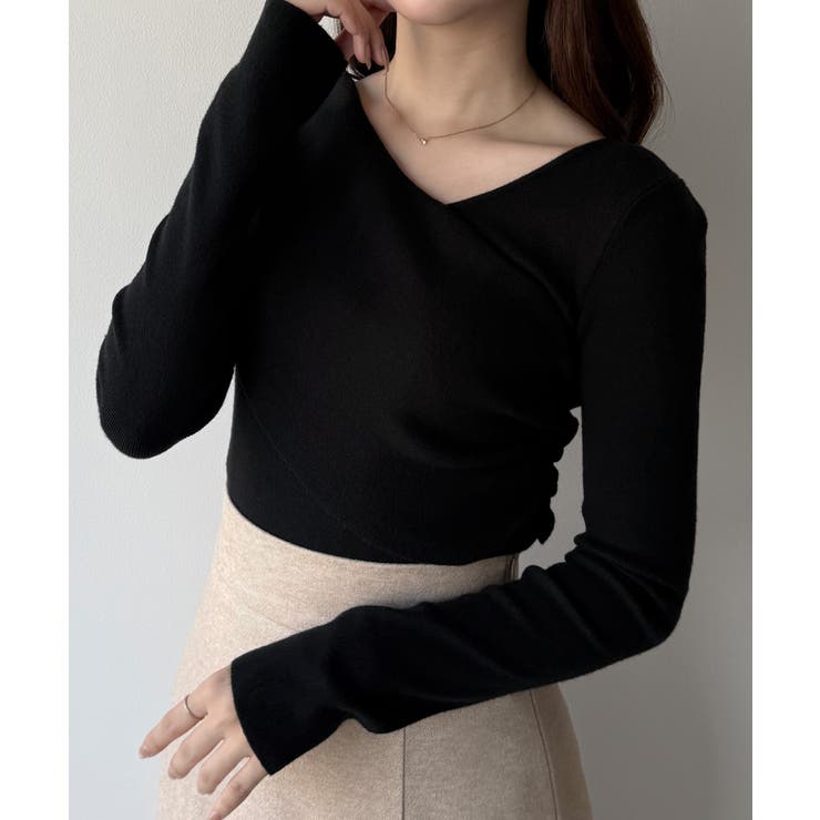 ブラック | mipiarl  アシンメトリークロスニットトップス | JUNOAH