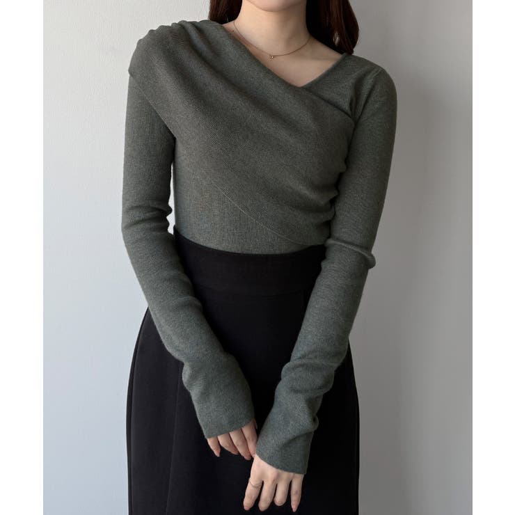 チャコール | mipiarl  アシンメトリークロスニットトップス | JUNOAH