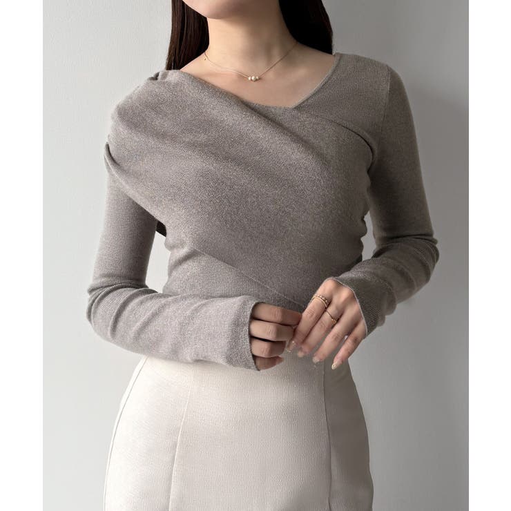 グレー | mipiarl  アシンメトリークロスニットトップス | JUNOAH