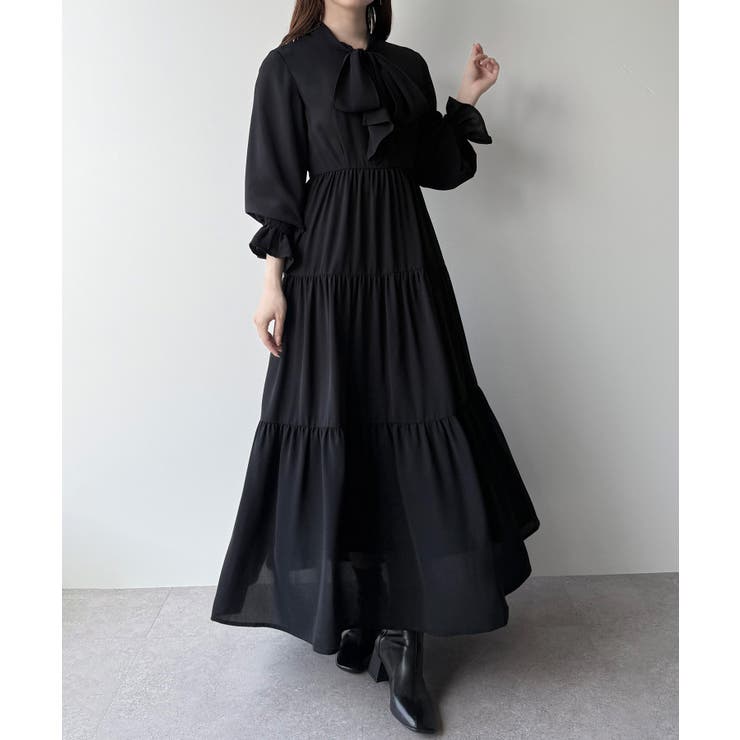 ブラック | mipiarl  ボウタイティアードワンピース | JUNOAH