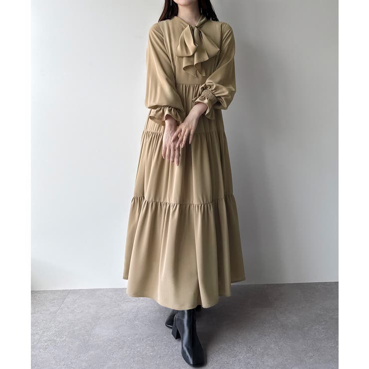 ベージュ | mipiarl  ボウタイティアードワンピース | JUNOAH