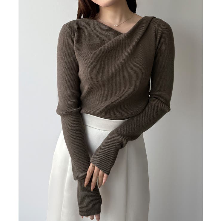 モカ | mipiarl  フィンガーホールドレープニットトップス | JUNOAH