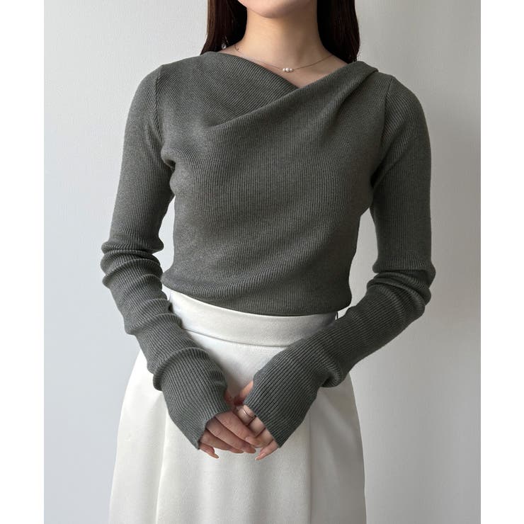 チャコール | mipiarl  フィンガーホールドレープニットトップス | JUNOAH