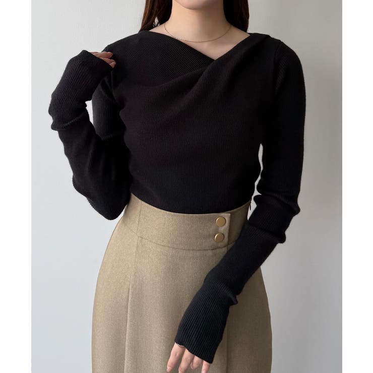 ブラック | mipiarl  フィンガーホールドレープニットトップス | JUNOAH