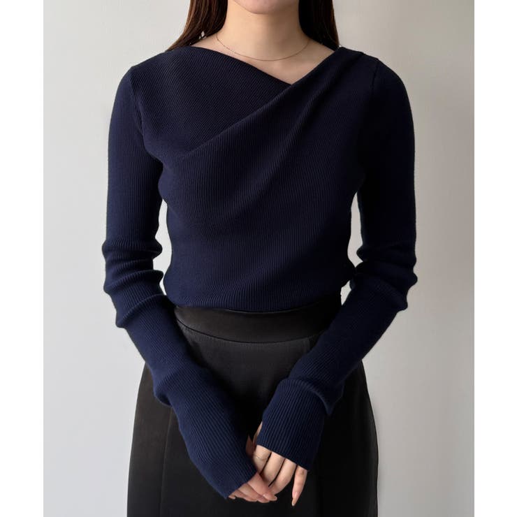 ネイビー | mipiarl  フィンガーホールドレープニットトップス | JUNOAH