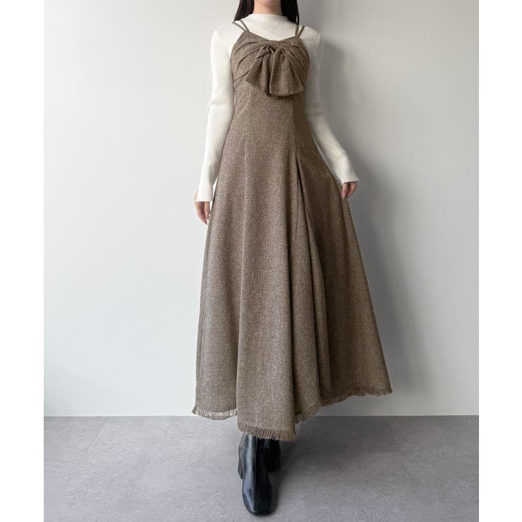 mipiarl  薄手ツイードフロントリボンラッフルキャミワンピース | JUNOAH | 詳細画像12