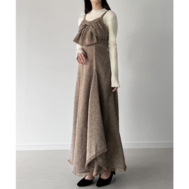 mipiarl  薄手ツイードフロントリボンラッフルキャミワンピース | JUNOAH | 詳細画像14