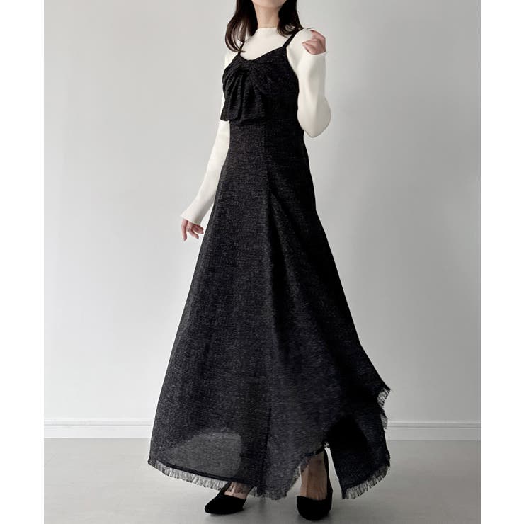 ブラック | mipiarl  薄手ツイードフロントリボンラッフルキャミワンピース | JUNOAH