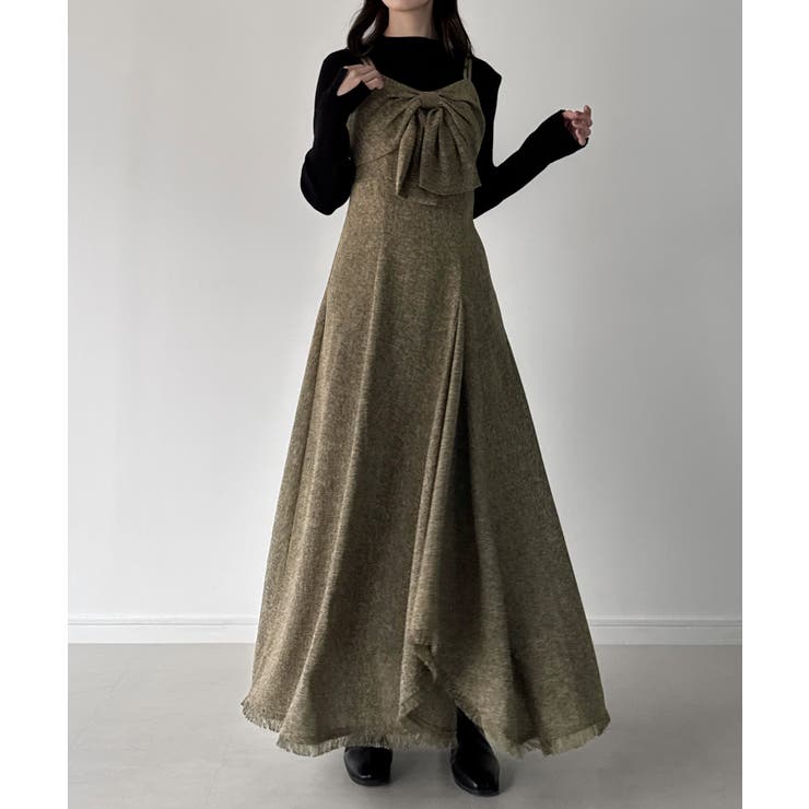 ダークベージュ | mipiarl  薄手ツイードフロントリボンラッフルキャミワンピース | JUNOAH