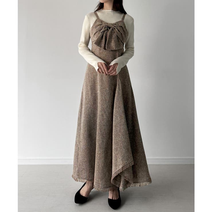 ライトブラウン | mipiarl  薄手ツイードフロントリボンラッフルキャミワンピース | JUNOAH