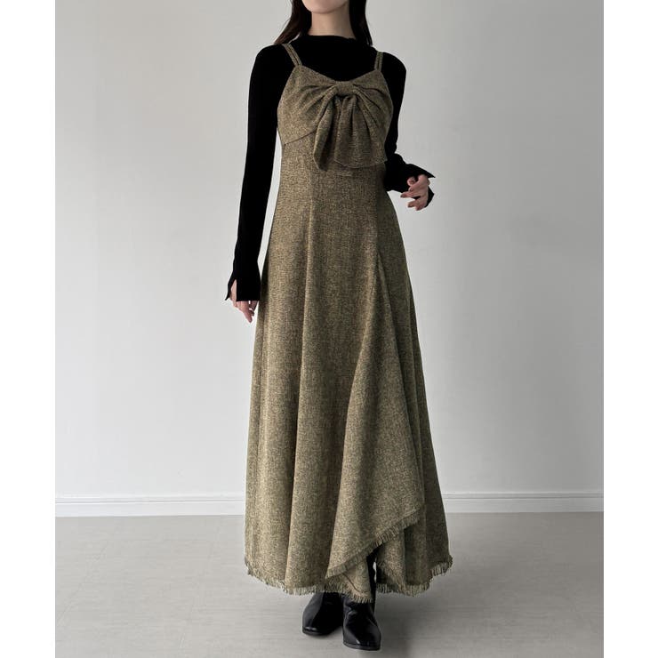 mipiarl  薄手ツイードフロントリボンラッフルキャミワンピース | JUNOAH | 詳細画像9