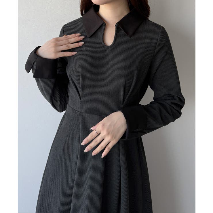 mipiarl  バイカラーコーデュロイフレアワンピース | JUNOAH | 詳細画像11 