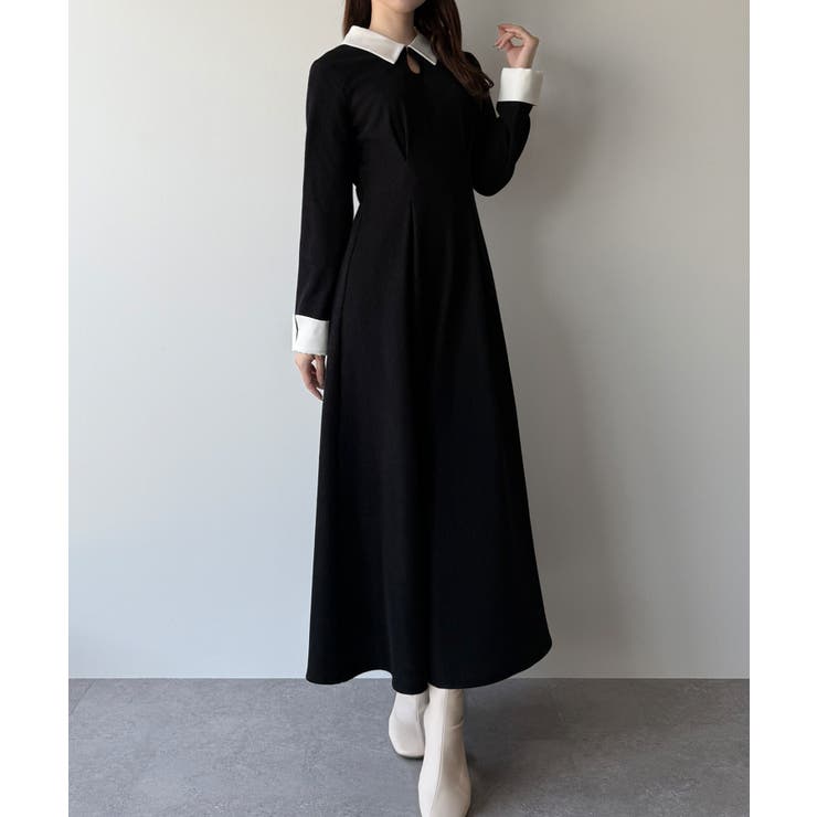 ブラック | mipiarl  バイカラーコーデュロイフレアワンピース | JUNOAH