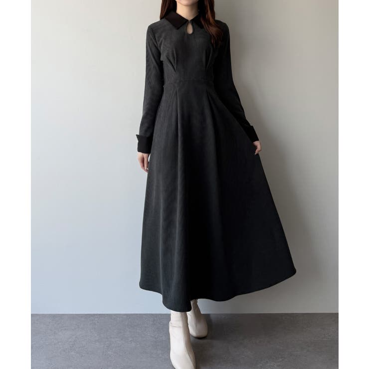 チャコール | mipiarl  バイカラーコーデュロイフレアワンピース | JUNOAH