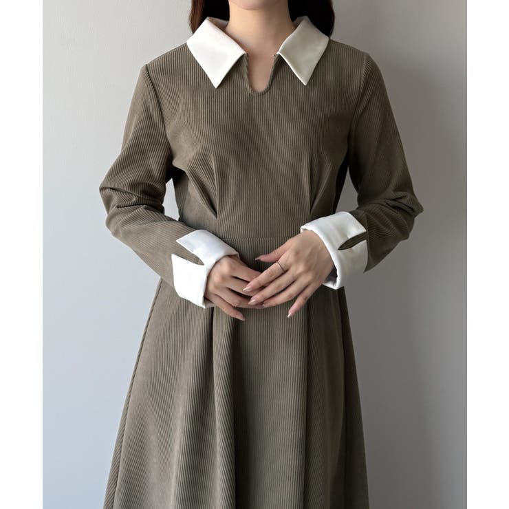 mipiarl  バイカラーコーデュロイフレアワンピース | JUNOAH | 詳細画像7 