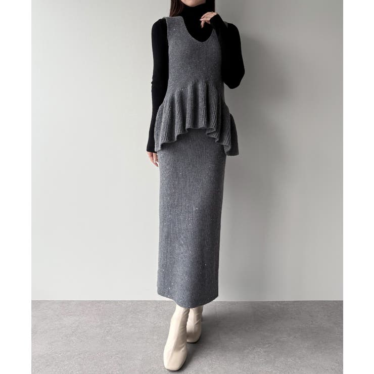 チャコール | mipiarl  バックリボンペプラムニット＋IラインニットスカートSET | JUNOAH