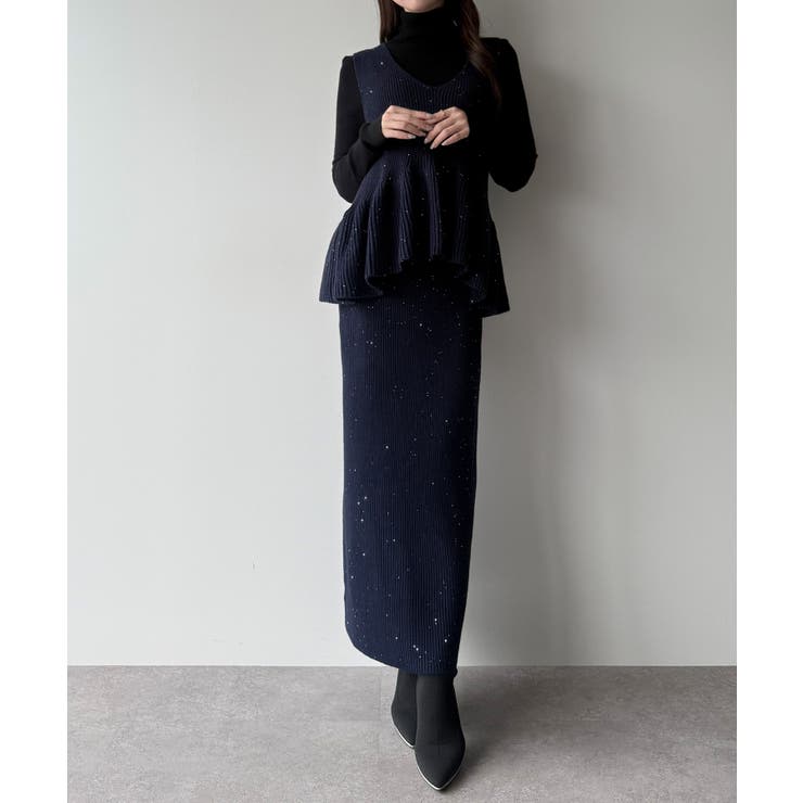 ダークネイビー | mipiarl  バックリボンペプラムニット＋IラインニットスカートSET | JUNOAH