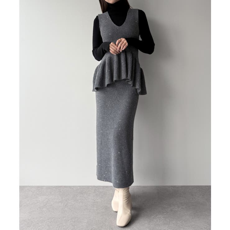mipiarl  バックリボンペプラムニット＋IラインニットスカートSET | JUNOAH | 詳細画像7 