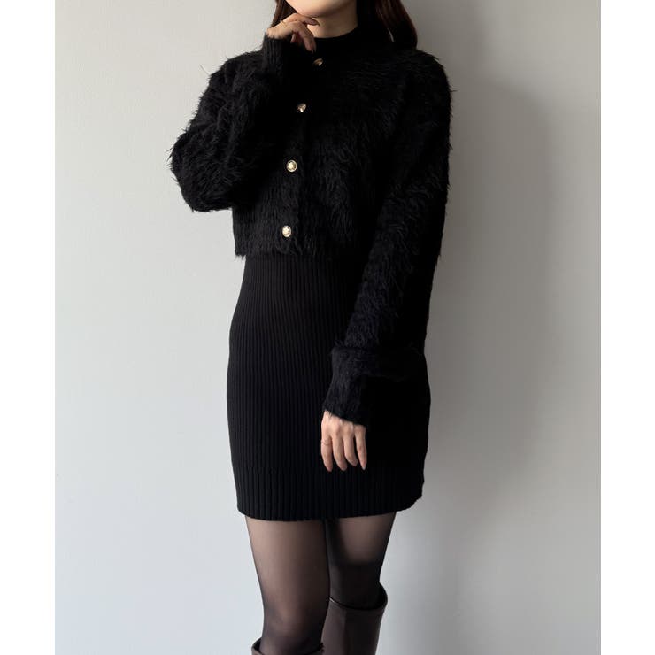 mipiarl  ショートシャギーカーディガン＋ミニリブニットワンピースＳＥＴ | JUNOAH | 詳細画像10 