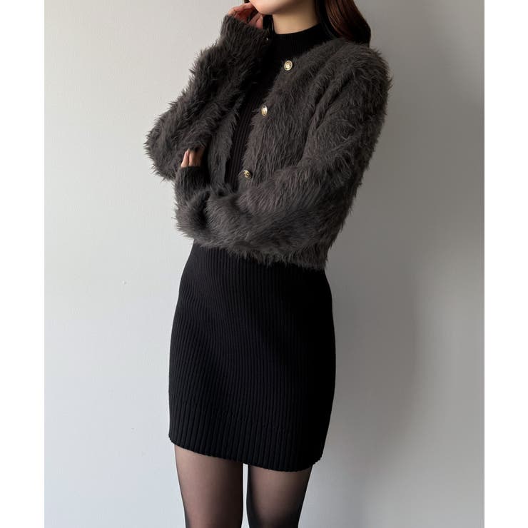 mipiarl  ショートシャギーカーディガン＋ミニリブニットワンピースＳＥＴ | JUNOAH | 詳細画像14 