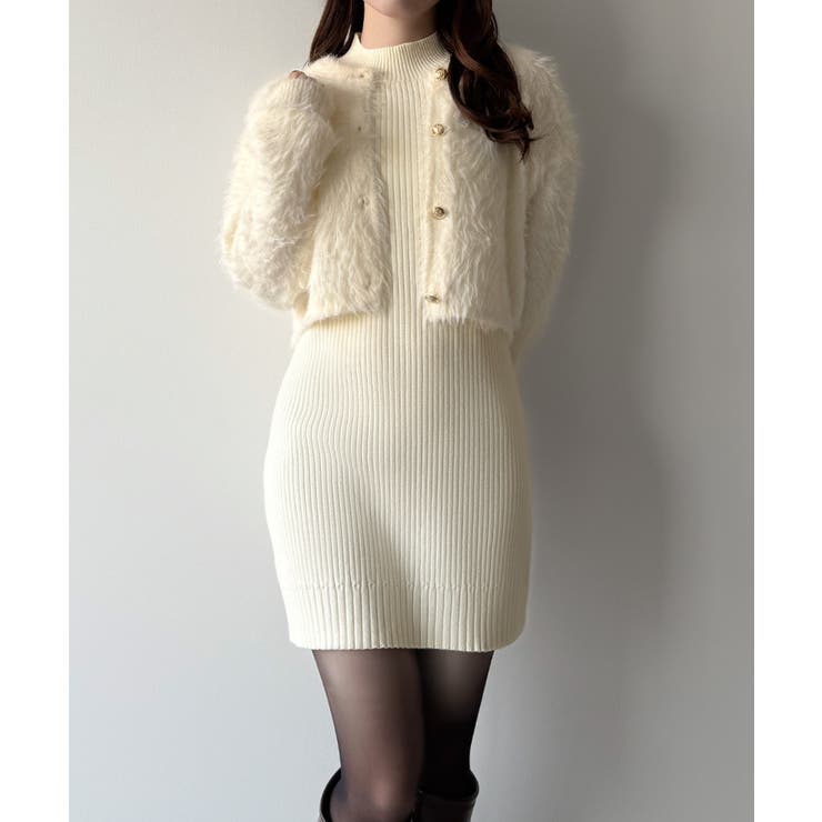 アイボリー | mipiarl  ショートシャギーカーディガン＋ミニリブニットワンピースＳＥＴ | JUNOAH