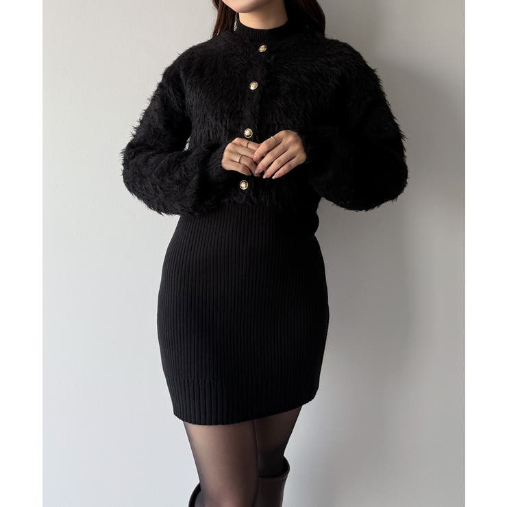 ブラック | mipiarl  ショートシャギーカーディガン＋ミニリブニットワンピースＳＥＴ | JUNOAH