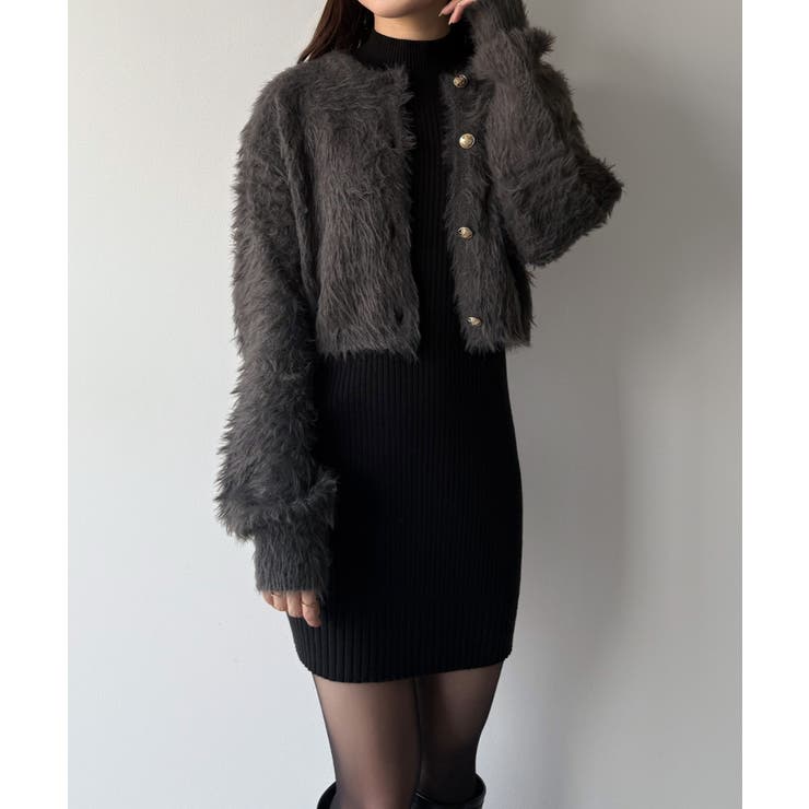 チャコール | mipiarl  ショートシャギーカーディガン＋ミニリブニットワンピースＳＥＴ | JUNOAH