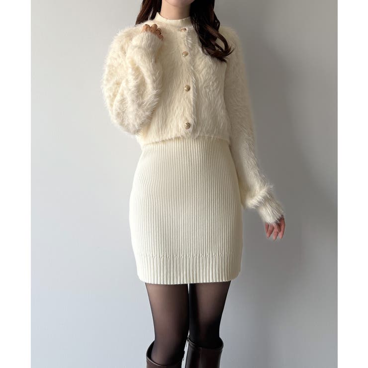 mipiarl  ショートシャギーカーディガン＋ミニリブニットワンピースＳＥＴ | JUNOAH | 詳細画像4 