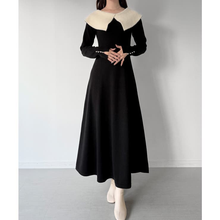 ブラックホワイト | mipiarl  クラシカルカラーフレアニットワンピース | JUNOAH