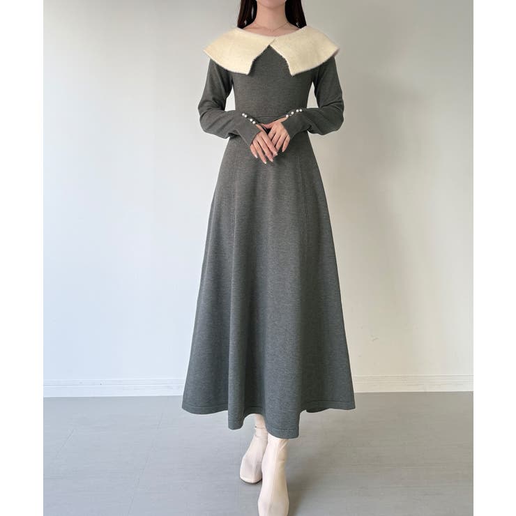 チャコール | mipiarl  クラシカルカラーフレアニットワンピース | JUNOAH