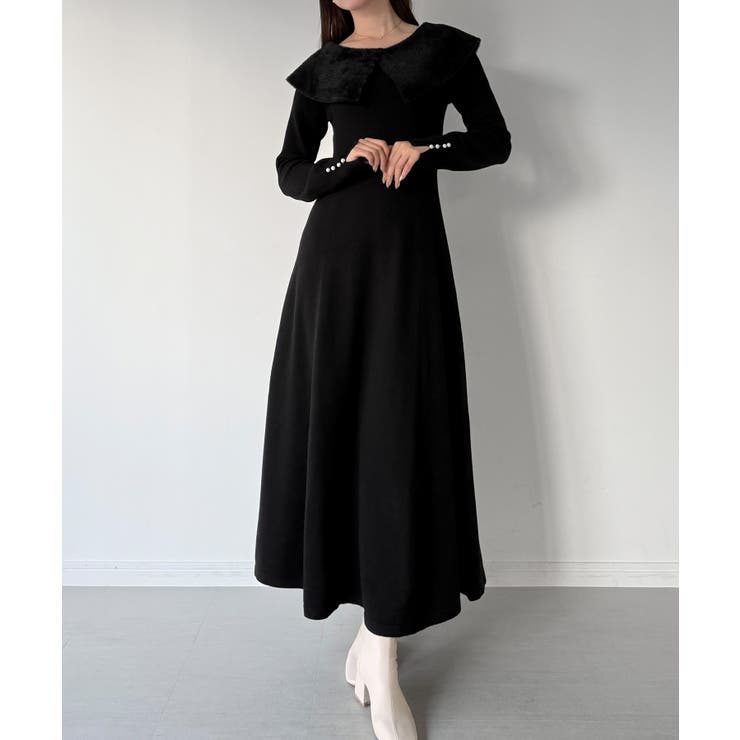 ブラック | mipiarl  クラシカルカラーフレアニットワンピース | JUNOAH