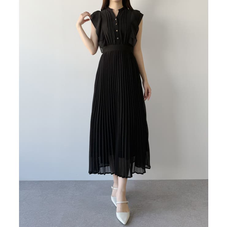 ブラック | mipiarl  ラッフルピンタックプリーツワンピース | JUNOAH