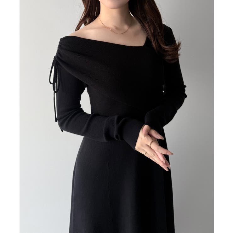 ブラック | mipiarl  2wayネックドレープフレアニットワンピース | JUNOAH