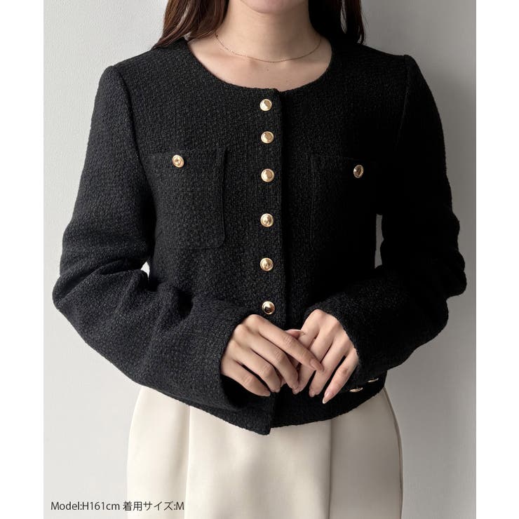 25SS＊新品タグ付＊ドアーズ ツイードノーカラージャケット 長袖 金ボタン ゴールドボタン ノーカラーツイードジャケット 2カラー D10306 | 韓国