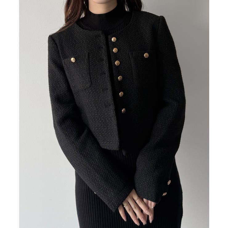 mipiarl 金釦ツイードノーカラーショートジャケット[品番：AMTW0012623