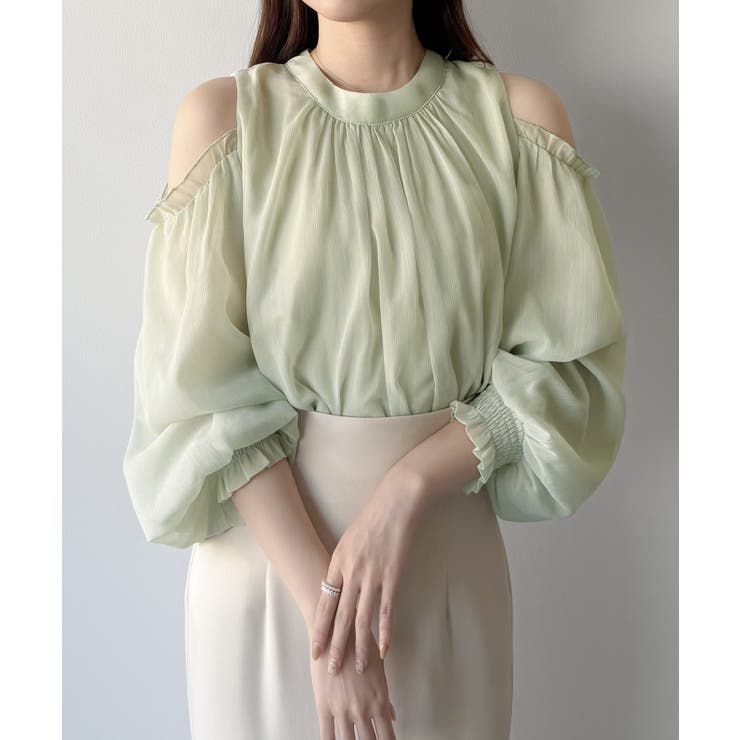 ミント | mipiarl  オフショルシアーギャザーブラウス | JUNOAH