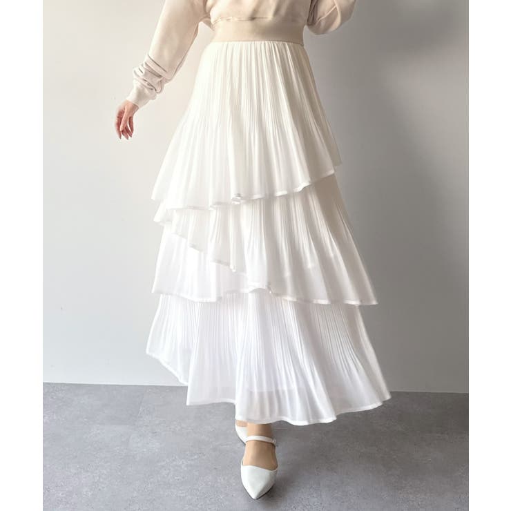 ホワイト | mipiarl  ランダムヘムプリーツティアードスカート | JUNOAH