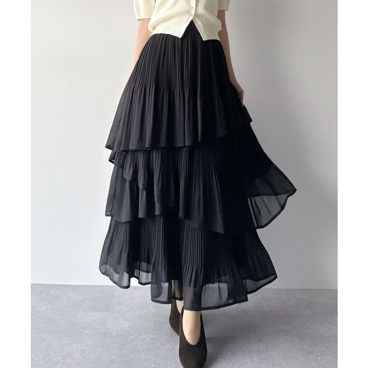 ブラック | mipiarl  ランダムヘムプリーツティアードスカート | JUNOAH